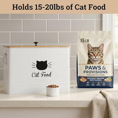 Metal Cat Food Container with Scoop, 15lb (50 Cup) w/ Airtight Bamboo Lid - color: White