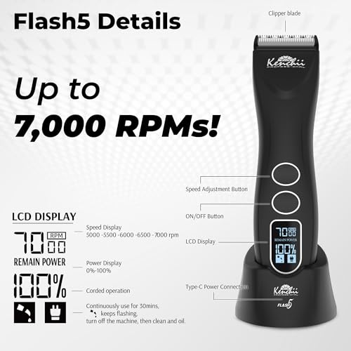 Kenchii Flash 5 Pet Grooming Clipper, Matte Black, 5-in-1 Blade, LCD - color: Matte Black