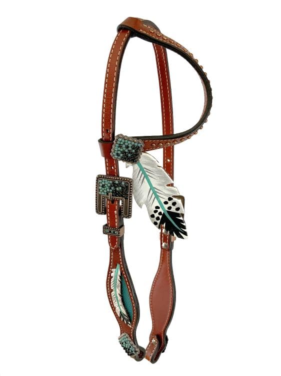 Showman Leather Headstall & Breast Collar Set w/Teal Cut-Out Feather Design Average Full Size Horse