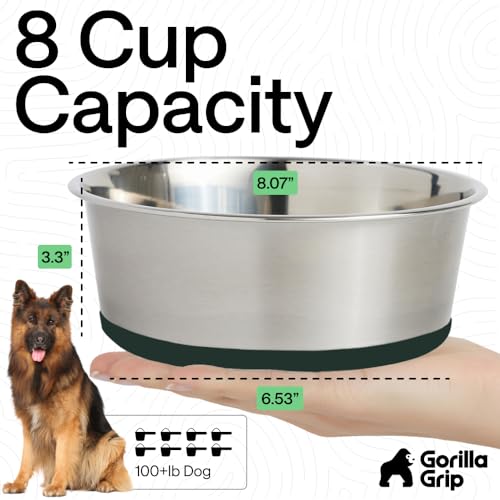 GORILLA GRIP Dog Bowls, Food Grade Stainless Steel, Set of 2, 8 Cup, Green | 304 Stainless Steel Pet Feeding Bowls Hold 64 fl oz Each, Dishwasher Safe, Rust Resistant, BPA Free Rubber Base - color: Hunter Green, size: 8 Cup (64 Oz)