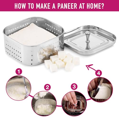 KSJONE Stainless Steel Square Paneer Maker/Mould/Strainer Perfect for Making Delicious Tofu, Stainless Steel Paneer Maker with Top Pressing Lid - Size 5.11"W x 5.11"L x 2.3"H inches - size: Square