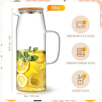 Hsei 2 Sets Glass Pitcher with Lid, 67.6 oz / 2000 ml Water Carafe with Handles Hot Cold Beverage Water Jar Glass Jug for Tea Juice Milk Coffee Iced Beverage(2l) - color: Bamboo Lid, size: 2l