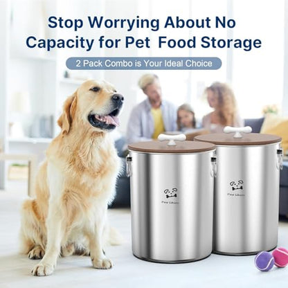 Paw Libero 2PK 25 Lbs total 50 Lbs Stainless Steel Dog Food Storage Container with Airtight Wooden Lid & Ceramic Bone Handle, Large Metal Dog Food Bin for Dogs & Cats - size: 25 lbs - 2pk