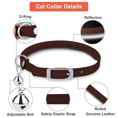 OOPSDOGGY Rolled Leather Cat Collar with Bell, Reflective Kitten Collars with Buckle Include Safety Elastic Strap - Adjustable Small Pet Collars for Boy Girl Cats (Brown) - color: Brown