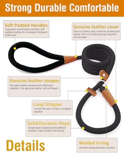 Dog Leash Slip Lead Braided Rope Pet Training Loop Leashes 5ft 6ft 8ft - color: Black