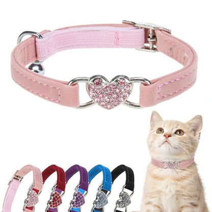 BINGPET Diamond Cat Collar with Bell, Adjustable Kitten Collar, Pink - color: Pink(Heart), size: Neck Girth 8"-10"