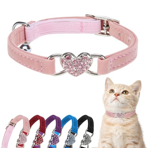 BINGPET Diamond Cat Collar with Bell, Adjustable Kitten Collar, Pink - color: Pink(Heart), size: Neck Girth 6"-8"