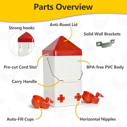 PVC Hanging Chicken Waterer with Hook, 1 Gal, 2 Auto-Fill Cups & Nipples