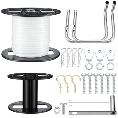 1000 ft Sticky Fly Tape Roll with Mounting Hardware Kit, Fly Reel Sticky Tape Trap with Complete Hardware, Pulleys & Mounting Brackets for Commercial Farm Flys Control Barn Stable Livestock