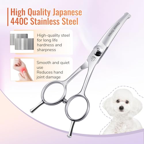 Dog Grooming Scissors: 4.75" Pet Curved Shears Made of Advanced JP440C Stainless Steel Alloy for Trimming Dogs Cats and Other Pets Face and Paws - style: Curved