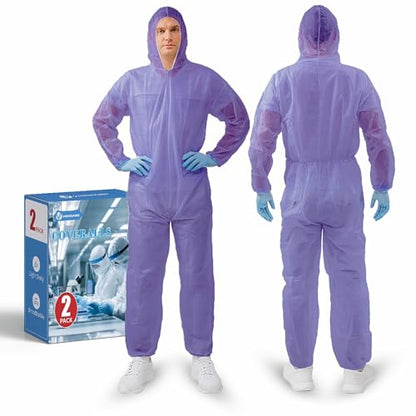 Hazmat Suits,10 Colors Options Disposable Protective Coveralls, Paint Suit with Elastic Wrists Ankles and Hood - color: 2 Pack Purle, size: X-Large