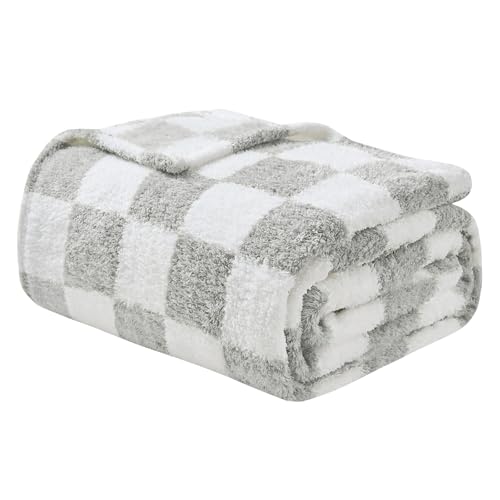 EMME Checkered Blanket Queen Size - 80"x90" Grey Knit Blanket Soft Fluffy Patterned Throw Blankets for Couch, Sofa, Chair, Bed, Camping, Picnic, Travel - color: 23-checkered Grey, size: Queen