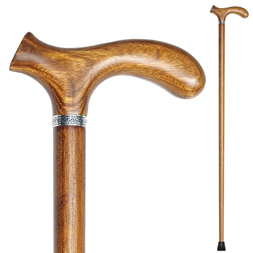 Wooden Walking Cane with 5 Height for Men and Women, Handmade Wood Cane with Comfort Grip Handle, Supportive Mobility Aid for Seniors, Fashionable & Classic Lightweight Stick - color: Caramel, size: 37"(for 5'11" to 6'1")
