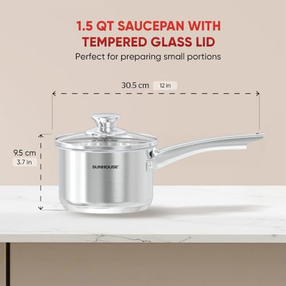 Sunhouse: Stainless Steel Saucepan - Classic: 1.5 Quart - Tempered Glass Lid, 3-Ply Bottom, Round-Edge Cookware Pot, All Cooktop-Oven-Dishwasher Safe