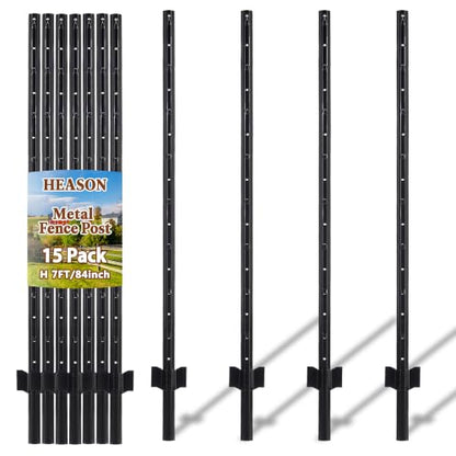 Metal Garden Fence Posts – Heavy Duty Spliced U-Post for Wire Fencing, 7 FT Black | 15 Pack No-Dig Fence Stakes, Double Rustproof Steel Fence Posts for Yard, Garden and Farm - size: 7FT-15PACK