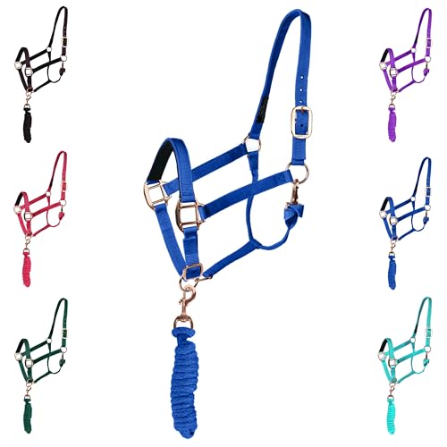 Majestic Ally Halter with Lead Rope for Horses–Adjustable Chin and Crown–Rolled Throat Latch with Replaceable Snap–Padded Noseband–Heavy Duty Rose Gold Finish Hardware - color: Royal Blue