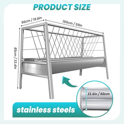 96 Gallon Goat Hay Feeder, 5 Ft Hay Feeder with 30 Gallon Feed Pan, All Steel Frame Hay Feeder, Pasture Feeder Powder Coated Surface Steel Feeding Goats, Cow, Horse for Farms (Stainless Steel) - color: Stainless steel