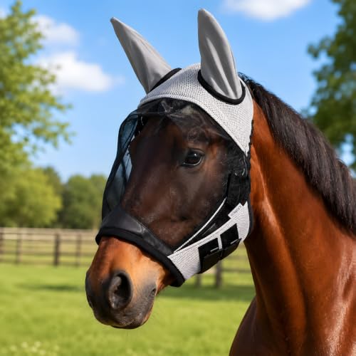 Breathable Horse Fly Mask with Ears and UV Protection (L) - size: L