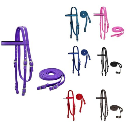 Tahoe Tack Double Layer Nylon Full Horse Headstall with Split Reins - color: Purple, size: Cob (Medium)
