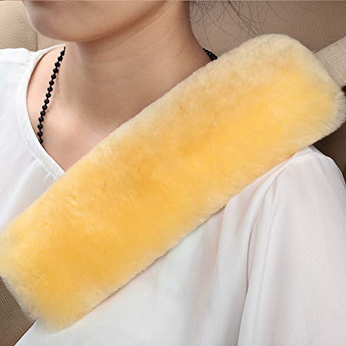 OGLAND 2 Pack Sheepskin Car Seat Belt Cover Pads | Wool Seatbelt Cushions - color: Gold, size: Shearling Wool