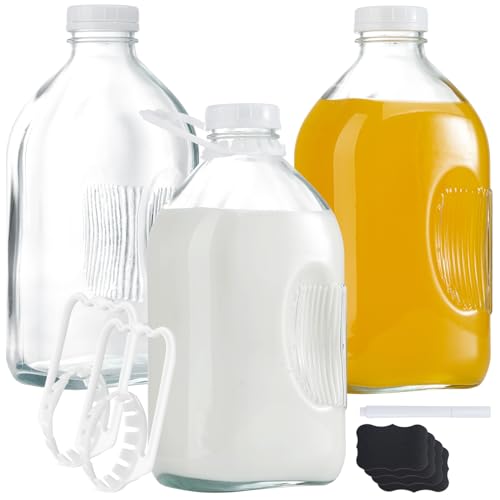 FyndraX Glass Milk Jugs Containers - Half Gallon Juice Bottles with Airtight Screw Cap and Handle for Milk, Breastmilk, Iced Tea, Cold Water, 64OZ Pitcher Set of 3 - color: 3 Pack