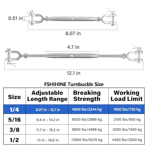 Turnbuckle, 4 Pack 1/4 (M6) 304 Stainless Steel Turnbuckle, 1600 lb WLL - size: 1/4in （4pcs）
