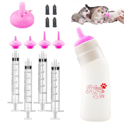 Pet Feeding Nipple with Syringe, Soft Silicone Nursing Pet Feeding Bottle, Ventilation Valve Resistant Tearing for Puppies, Kittens, Rabbit, Small Wildlife (L Nipple,Pink) - color: Pink-L Size