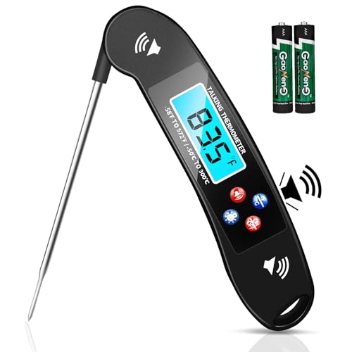 Digital Talking Thermometer for The Blind, Waterproof Instant Read Food Thermometer with Talking Function & Backlight, Meat Thermometer with Probe for Cooking and Grilling, and More - color: Black