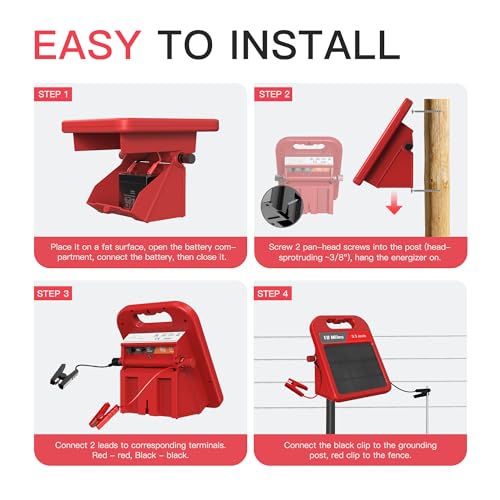 10 Mile Solar Fence Charger 0.3J Electric Fence Energizer with Day Night Mode 24-Hour Protection Red - size: 0.3J-Hong