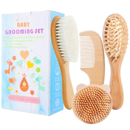 Baby Hair Brush Set for Newborns, Wooden Baby Brush & Comb - Toddler Cradle Cap Brush, Ultra Soft Goat Hair Bristles, Baby Grooming Kit for Baby Showers & Registries Gift Set