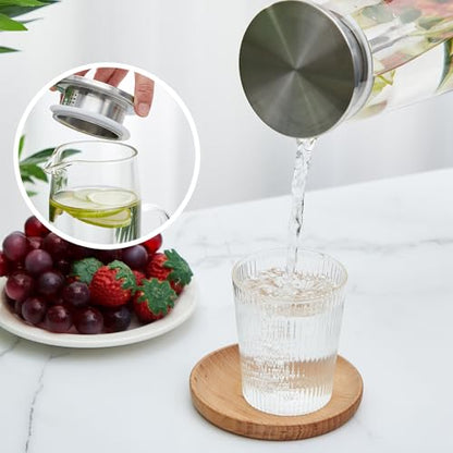 Hsei 2 Sets Glass Pitcher with Lid, 50 oz / 1500 ml Water Carafe with Handles Hot Cold Beverage Water Jar Glass Jug for Tea Juice Milk Coffee Iced Beverage - color: Stainless Steel Lid, size: 1.5l