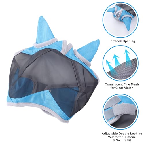 Horse Fly Mask with Ears, Breathable Fine Mesh Pale Blue Full - color: Pale Blue, size: Full