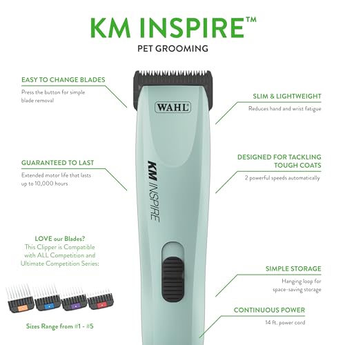 Wahl Pro Animal KM Inspire Grooming Clipper Kit, Dogs, Cats & Horses | Professional Dog and Cat Grooming Kit, Brushless Motor Runs Cool, Includes 4 Guide Combs, Two Speeds at 3000 and 3600 SPM