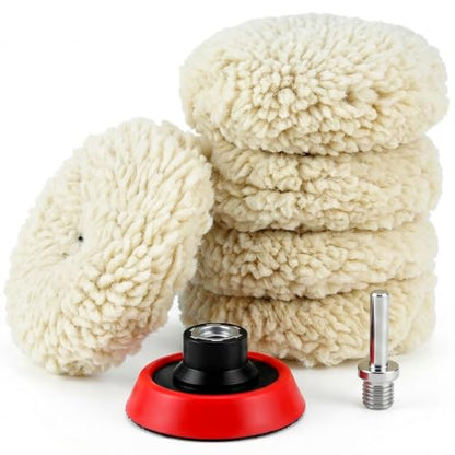 QWORK Wool Polishing Pad Set, 5PCS 3 Inch 75mm Buffing Pads with Hook and Loop Backing Pad & Extension Shank for Drill Polisher, Car Paint Scratch Oxidation Removal