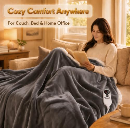 Heated Blanket Electric Throw Size 50''x60'' with 9 Heating Levels, 1-10 Hour Auto Shut Off, Machine Washable, Flannel & Sherpa Double-Sided Soft Warming Blanket for Couch, Bed, Office - Light Grey - color: 01-light Grey, size: 50''x60''(Throw)