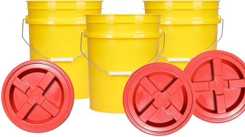 House Naturals 5 Gallon Plastic Yellow Food Grade BPA Free Made in USA Bucket Pail with Air Tight Double Gasket Screw on Lid(Pack of 3) (Yellow and Red lids) - color: Yellow and Red Lids