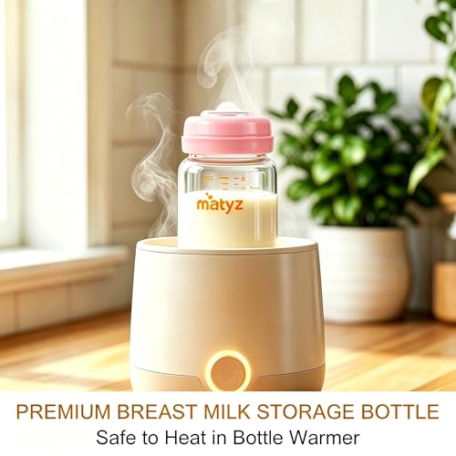 Matyz Glass Breastmilk Storage Set, 4 Pack 10oz, Compatible with Spectra Medela Philips Avent Pumps, Wide-Mouth Leakproof Containers for Freezing & Feeding, BPA-Free (Pink Lids) - color: [4 Pack] Pink Lids - 10 Ounce Borosilicate GLASS Bottle