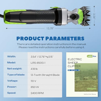Sheep Shears Electric 850W 2400RPM with 6 Speed (Size: 13.8 * 3.6") | Professional Heavy Duty Shearing Clipper for Shaving Fur Wool in Sheep, Goats, Cattle & Livestock, Includes Carrying Case - size: with 13-Teeth Straight Blade