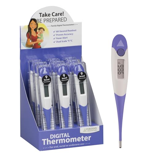 Veridian Oral & Rectal Digital Thermometer Stick Digital Display 08-359-9 9 per Box | Preloaded Counter Display, Fever Alert at 100.0°F, Oral, Rectal & Underarm Use, Memory Recall, Storage Case