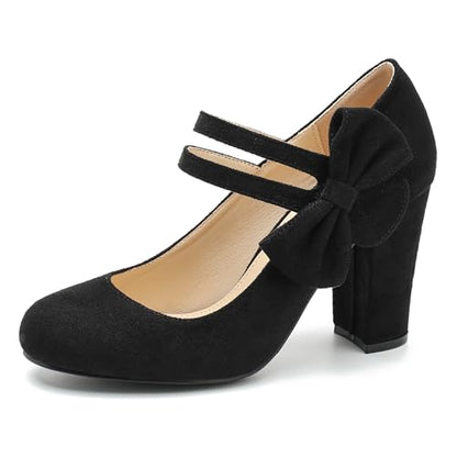 fereshte Women's Mary Jane Pumps with Bow, Double Strap, 3.54 Inch Chunky Block Heel Dress Shoes - color: Black Suede, size: 8
