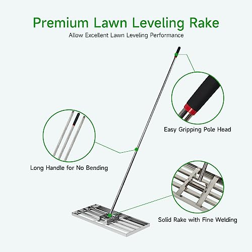 GreatBuddy Lawn Leveling Rake 30'' x 10", Heavy-Duty Stainless Steel Lawn Leveling Tool for Lawn, Soil, Sand, 78'' Extra Long Handle, Ideal for Yard, Garden - size: 30 Inch