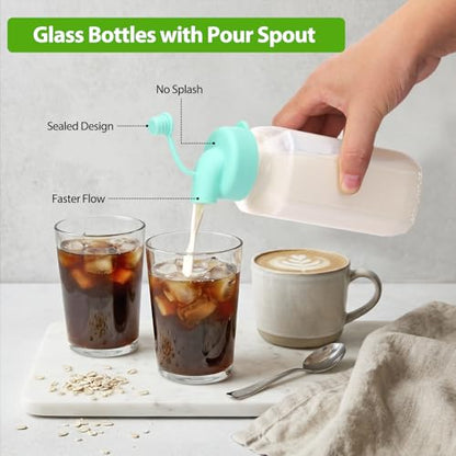 CUCUMI 12 Pack 16 Oz Glass Milk Bottles with Lids - color: 12 Pack with Pour Spouts, size: 16oz