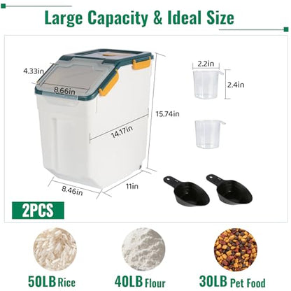 2 Pack Rice Container 50 lbs Large Bulk Flour Sugar StorageHoldhouse Plastic Grain Cereal Dry Goods Bin with Spoon and Measuring Cupfor Kitchen Pantry Organization - Blue - color: Blue