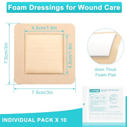 Silicone Foam Dressing 3"x3", Waterproof Absorbent Wound Dressing Bandages for Wound Care,10 Pack Wound Silicone Large Bandages - size: 3" x 3", 10 Pack