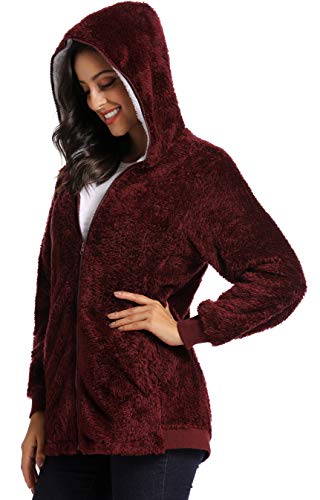 Fleece Coat for Women,Women's Oversized Zip Up Hooded Jacket Winter Plus Size Sherpa Coat - color: Awinered, size: Large