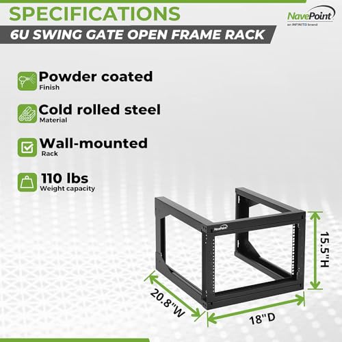 NavePoint 6U Server Rack with Swing Gate - Wall Mount Rack for 19 Inch IT & AV Equipment - 18' Deep, Black - size: 6U - 18in Deep