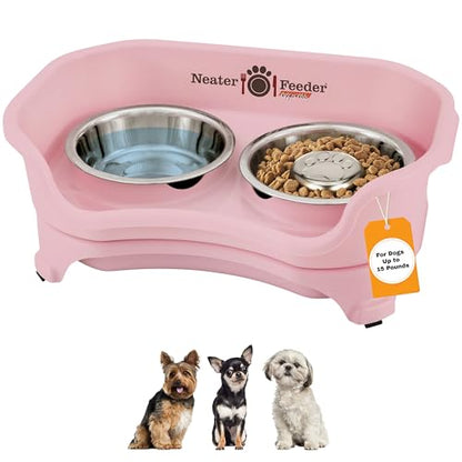 Neater Feeder Express Mess Proof Dog Bowls Elevated for Small Breed – Made in USA – No Spill Raised Slow Feeder Elevated Dog Bowl Stand, Stainless Steel Food and Water Bowl Set, Pink - color: Pink, size: Small w/ Metal Slow Feed Bowl