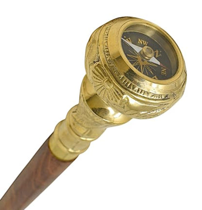 FYNJREX Travelers Compass Gentleman's Walking Stick, Fancy Cane for Women, Brass Handle and Hardwood Cane, Fold able Wooden Canes, Gift Idea