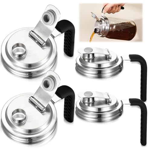 Baderke 4 Pcs Stainless Steel Wide Mouth Mason Jar Pour Spout Lid Metal Mason Jar Pitcher Lid with Handle, No Rust Leak Proof Shaker Seal Cover Fit Home Tea, Milk, Juice Drinks Airtight