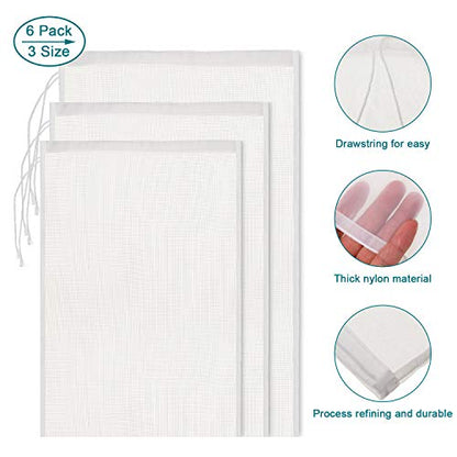 Boao 6 Pack Nut Milk Bags - Reusable Food Strainer Bags with Fine Mesh Nylon Drawstring, 3 Sizes